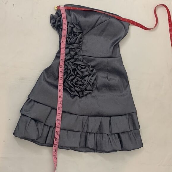 Mystic Sz Small Strapless Gun Metal Gray Metallic Flower Ruffled Mini Prom Dress - Picture 11 of 11